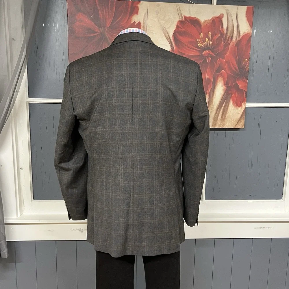 Ted Baker Suit 2Pc Set Mens 44L Long Wool Pants 37x31‎ Taper Gray/Brown Plaid